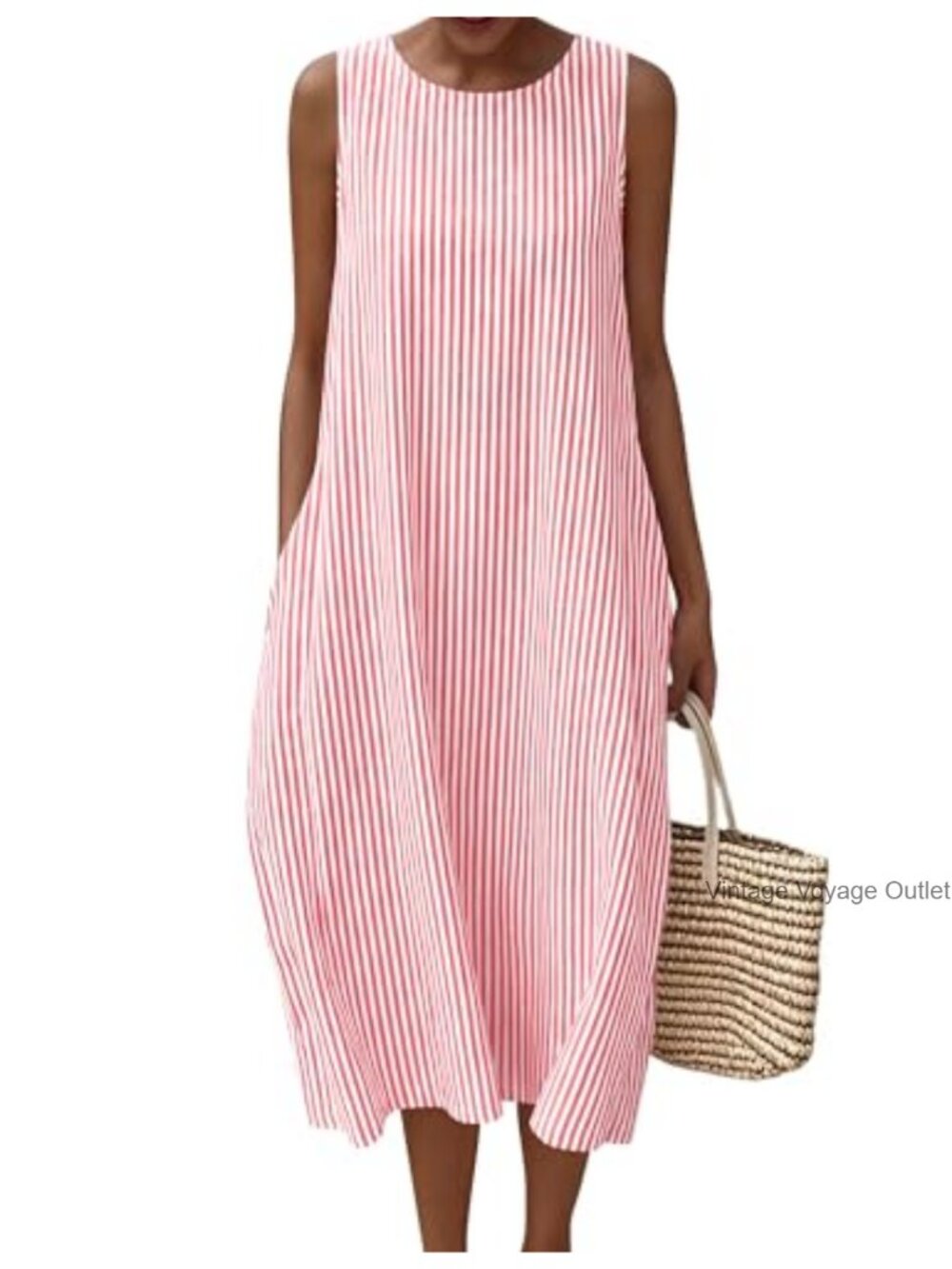 Sleeveless Cotton Midi Summer Dress with Pockets Casual
